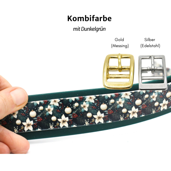 BioThane Halsband breit in dunkelgrün mit Winterwald-Muster mit Leine