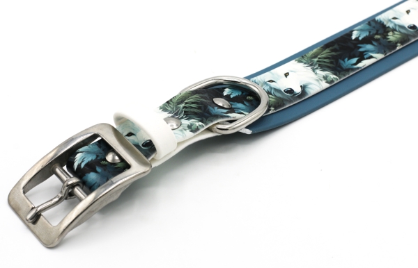 BioThane Halsband breit mit "White Wolf" Motiv mit Schnalle
