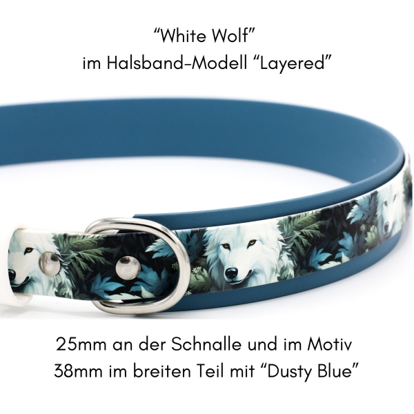 BioThane Halsband breit mit "White Wolf" Motiv mit Info
