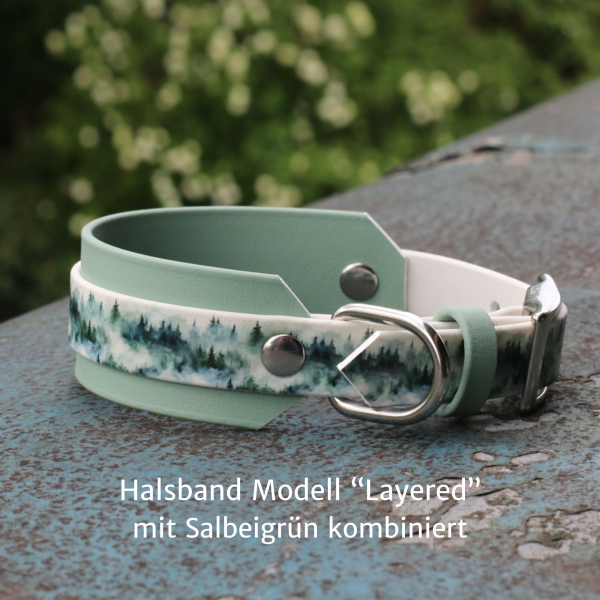 BioThane Halsband Foggy Mountains mit Salbeigrün und Beschriftung