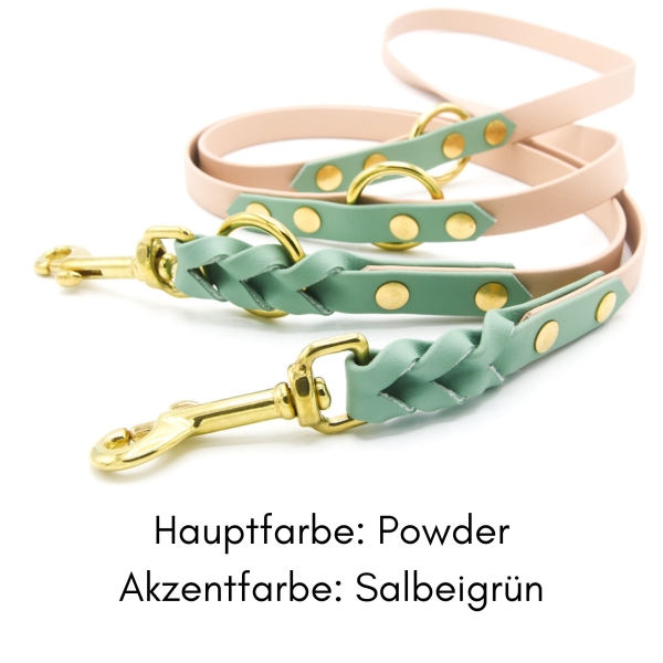 BioThane® Leine zweifarbig geflochten, dreifach verstellbar, Poweder mit Salbeigrün, mit Beschriftung