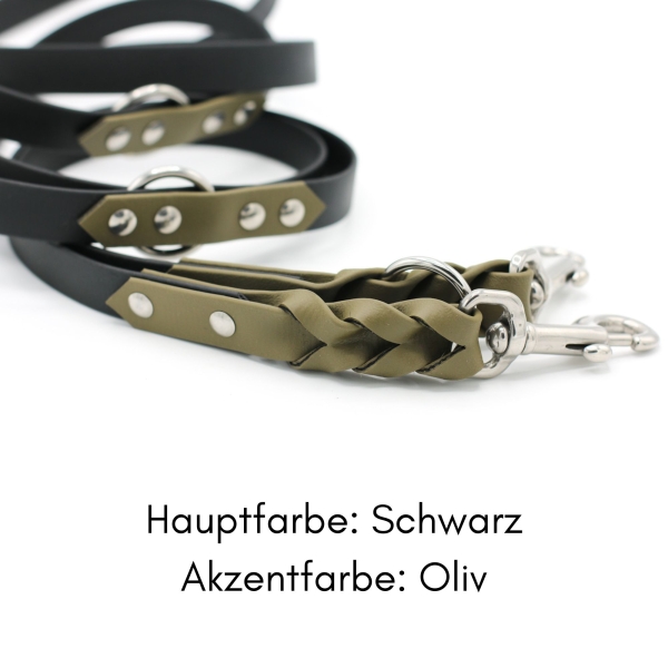BioThane® Leine zweifarbig geflochten, dreifach verstellbar, Schwarz mit Oliv mit Beschriftung