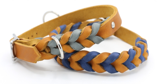 Fettleder Halsband geflochten zweifarbig in grau und blauu