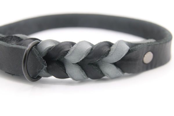 Fettleder Halsband geflochten zweifarbig in schwarz und grau