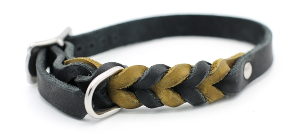 Fettleder Halsband geflochten zweifarbig in schwarz und oliv