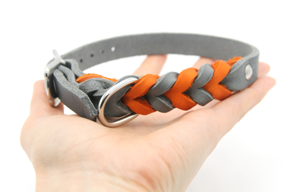 Fettleder Halsband geflochten zweifarbig Türkis und Orange