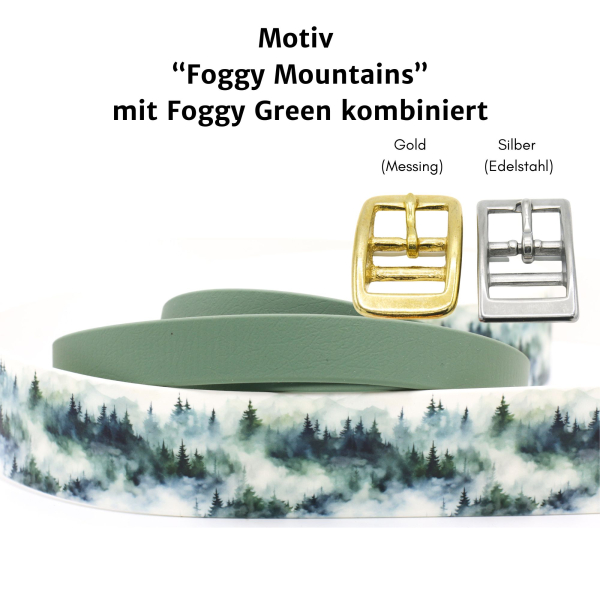 BioThane Halsband mit Foggy Mountains Motiv und BioThane in Foggy Green