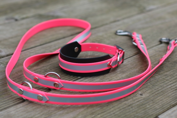 Hundehalsband und Leine reflektierend aus BioThane in Neon-Pink