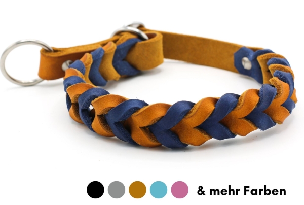 Zugstopp Halsband geflochten zweifarbig in Cognac mit Blau