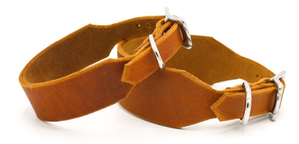 zwei breite Lederhalsbänder in Cognac mit Edelstahl