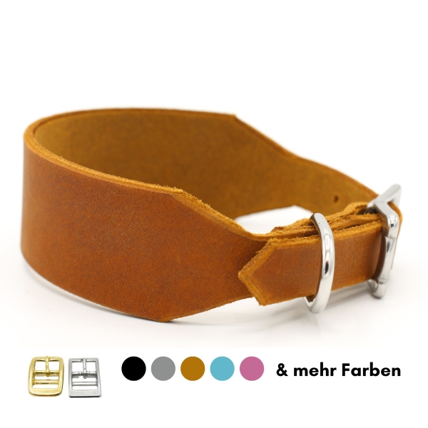 breites Lederhalsband Windhundhalsband in Cognac mit Edelstahl seitlich