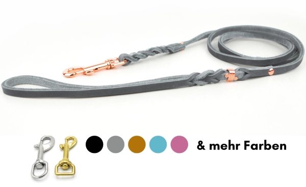 Fettlederleine geflochten mit fester Länge und Handschlaufe in Grau mit Rosegold