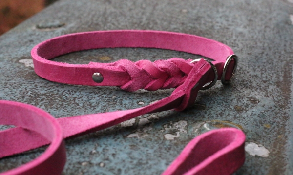 Retrieverleine aus Fettleder in pink nur die Halsung